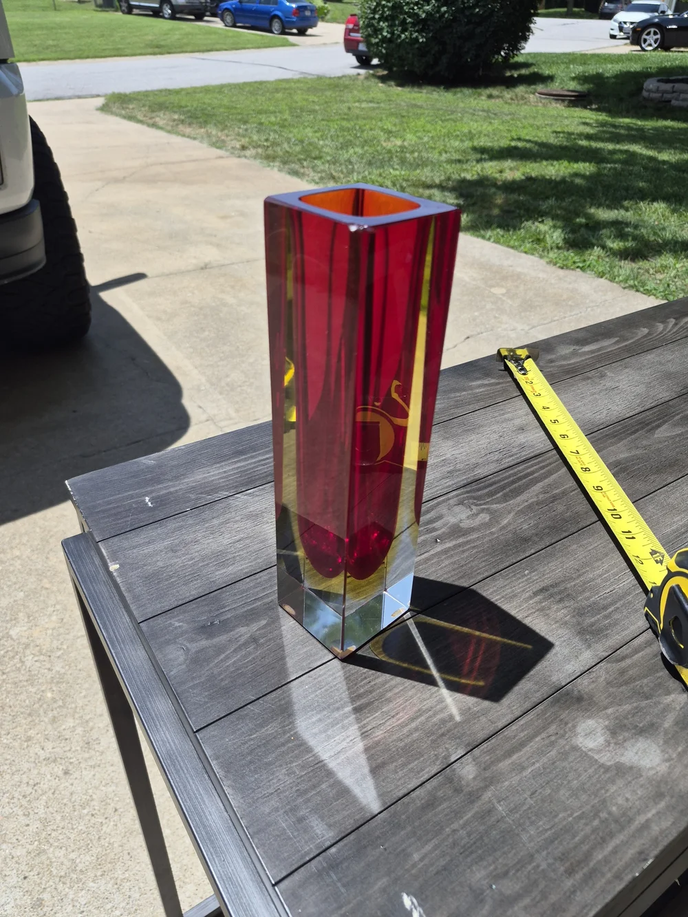 Murano Red and Yellow Tall Rectangular Glass Vase